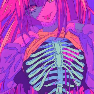 a woman with pink hair and skeleton like body in front of her chest, holding an object Vaporwave Halloween Japon Illustration, Illustration Japonaise, Ilustración Retro, dark orchid