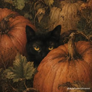 a black cat peeking out from between two pumpkins Vintage Halloween Cat Cozy Fall, Fall, Autumn, Black Cat, Dark Cottagecore, Witchy, dark olive green