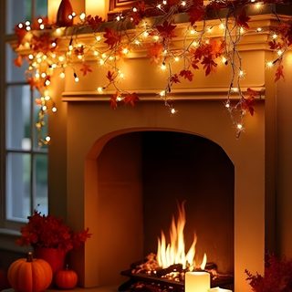 a fireplace with candles and pumpkins around it Halloween Fireplace Cozy Autumn Fireplace Ideas, Fall Aesthetic Fireplace, Autumn Fireplace Background, maroon