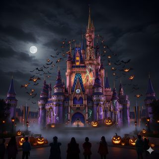 the castle is lit up with pumpkins and bats Disney Castle Halloween dark slate gray