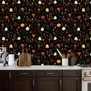 a kitchen with a wallpaper that has mushrooms on it and leaves in the background Halloween Kitchen Seamless, Renter Friendly, Ghost Pumpkin, Contact Paper, Halloween Paper, Accent, black