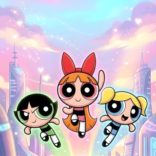 the powerpuff girls are flying through the air in front of a cityscape Powerpuff Girls Halloween thistle