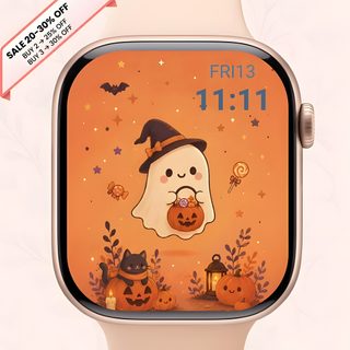an apple watch with a cartoon character on it's face and pumpkins in the background Halloween Digital Watch Halloween Apples, Share Icon, Kawaii Halloween, Watch, Apple Watch, dark salmon