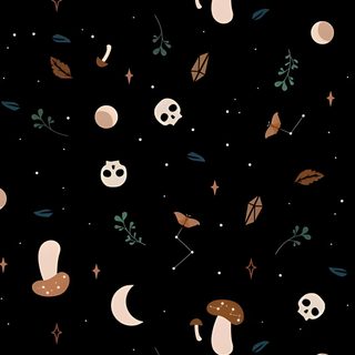 a black background with skulls, mushrooms and stars in the night sky for wallpaper Halloween Space Backgrounds Home Screen, Cute Spooky Themed, Dark Spooky Aesthetic, black