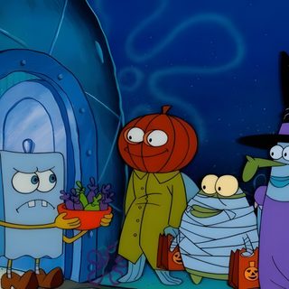 cartoon characters dressed up as witches and pumpkins in front of an entrance to a castle Spongebob Squarepants Halloween Spongebob Halloween Pfp, Spongebob Halloween Background, Spongebob Halloween, midnight blue