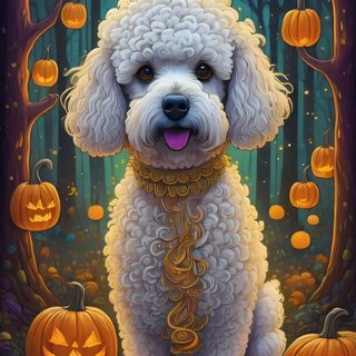 a painting of a dog with pumpkins in the background Halloween Poodle Halloween Dog Hd, Halloween Dogs, Halloween Dog, Cute Dog Halloween, dark olive green