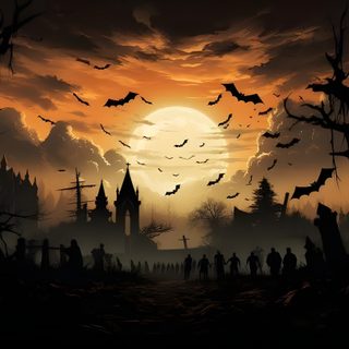 an image of halloween scene with bats flying in the sky and people walking through the woods Halloween Landscape Format Fantasy Halloween Background, Halloween Landscape Images, Halloween Landscape Background, black
