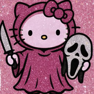 a hello kitty with a skull and a knife in her hand, standing next to a pink glitter background Pink Baddie Halloween Pink Ghostface Aesthetic, Hello Kitty Ghostface, Kawaii Ghostface, indian red