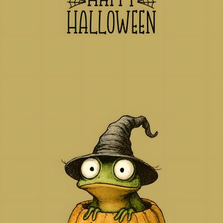 a halloween card with a frog in a witch's hat on top of a pumpkin Frog Halloween Halloween Turtle Background, Funny Halloween Backgrounds, Silly Halloween, dark khaki