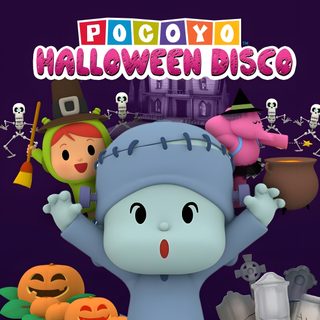 a cartoon character is holding his hands up in the air with other characters around him Pocoyo Halloween Halloween, dark olive green