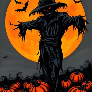 a painting of a scarecrow standing in front of a full moon and pumpkins Halloween Scarecrow Halloween Scarecrow Pictures, Halloween Scarecrow Drawing, Scarecrow, dark olive green