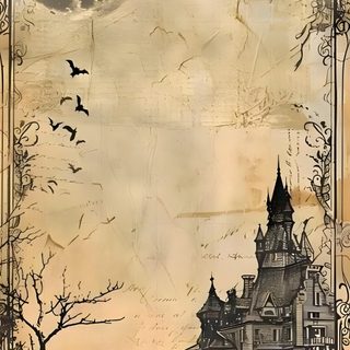 a drawing of a castle with bats flying over it and the moon in the sky Old School Halloween Ancient Scroll Paper Background, Writing Paper Vintage, Printable Gothic Background, tan