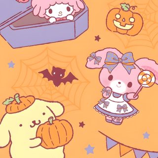 hello kitty halloween wallpaper with pumpkins, bats and cats on it's orange background Sanrio Halloween Iphone Kawaii Sanrio Halloween, Sanrio Halloween Pastel, Sanrio October Calendar, sandy brown