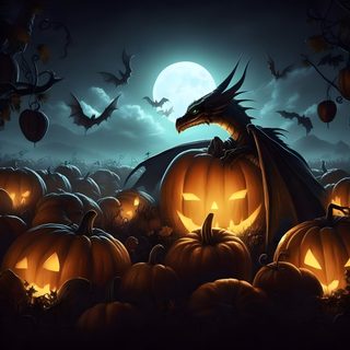a dragon sitting on top of a pumpkin in the middle of a field filled with carved pumpkins Halloween Dragon Halloween Dragon, Halloween Dragons, Halloween Dragon Pumpkin Design, Dragon Pumpkin, black