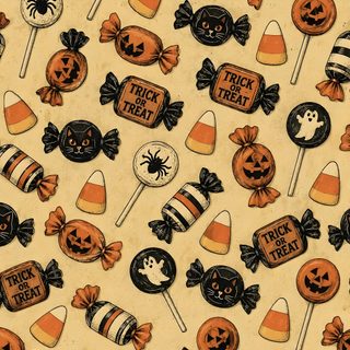 an image of halloween treats on a white background Halloween Fabric Candy Halloween Design Halloween Cute, Phone Patterns, Halloween, burlywood