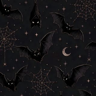 bats and spider webs on a black background with stars, moon and crescentes Halloween Black black