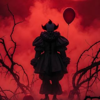 a creepy clown standing in the middle of a field with red clouds behind him and an orange balloon floating over his head Wrecking Ball Halloween 4k maroon