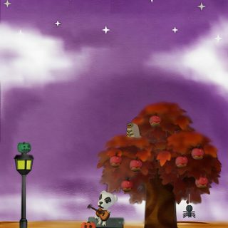 a painting of a person sitting on a bench under a tree with stars in the sky Acnh Halloween Acnh Spooky, Animal Crossing Background Iphone, Acnh Halloween, November Backgrounds, dim gray
