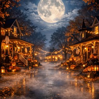 a painting of a street at night with the moon in the sky and trees lit up Halloween Halloween dark olive green