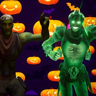 two people dressed up in halloween costumes with pumpkins around them and one holding a cell phone Fortnite Halloween black