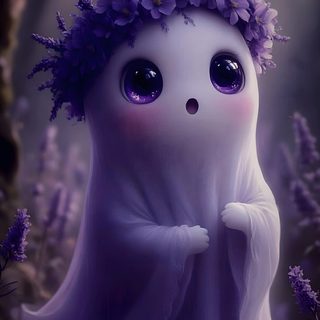 a white ghost with purple flowers on her head standing in the middle of a forest Halloween Smiles Lavender Spooky Ghosts, Cute Halloween Pictures, Cute Pics For Dp, dark slate gray