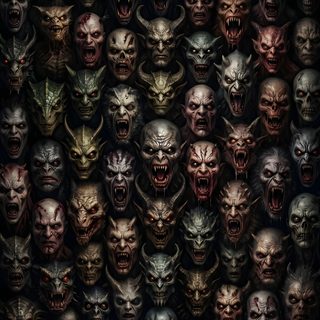 an image of many demonic faces with fangs on their face and mouths, all in different colors Halloween Monsters Monsters, Demon Symbols, Archangel Oracle Cards, Monster Wall, Skyrim Art, black