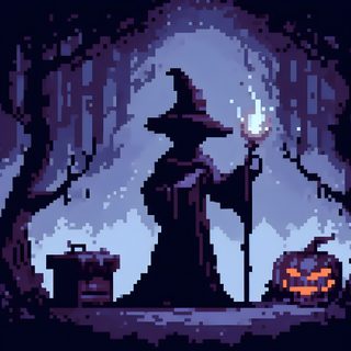 a pixellated image of a wizard holding a lantern in front of a jack - o'- lantern Halloween Pixel Art Pixel Art Witch, Pixel Art 8 Bit, Pixel Halloween Art, Pixel Art Spooky, midnight blue