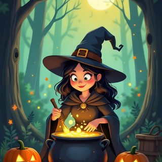 a girl dressed as a witch with a caulder full of gold Halloween Witch Cauldron Spooky Witch Halloween, Spooky Brew, Spooky Witch, Witchy Brew, dark slate gray