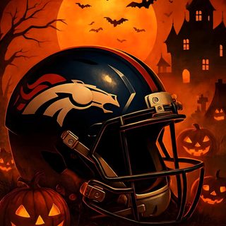 a football helmet sitting on top of a field with bats and pumpkins in the background Denver Broncos Halloween Denver Broncos, Denver Broncos Halloween, black
