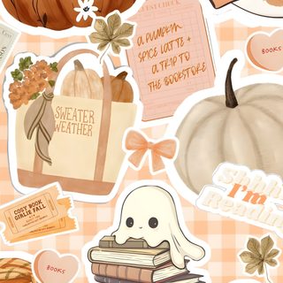 an assortment of stickers with pumpkins, books and other things in them on a checkered tablecloth background Cute Halloween Fall wheat