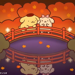 two sheep are standing on a bridge in the fall season, with trees and leaves behind them Pom Pom Purin Halloween Pompompurin Autumn, Hello Kitty And Friends Purin, Pompompurin Thanksgiving, saddle brown