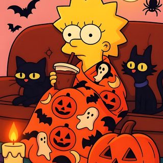 the simpsons is sitting in front of halloween decorations and pumpkins with black cats around him The Simpsons Halloween Vintage Halloween Images, Halloween Backgrounds, Halloween Cute, saddle brown