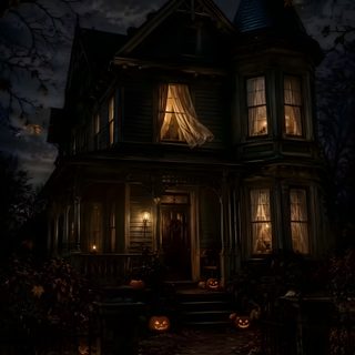 a creepy house with pumpkins on the ground and lights in the windows at night Vintage Halloween Haunted House black