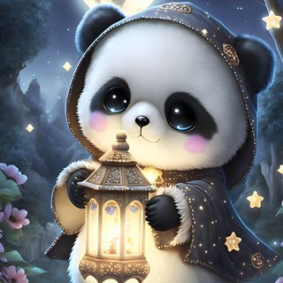 a panda bear holding a lantern in its paws Cute Halloween Panda Cute Panda On Pink Moon, Cute Halloween Panda, Halloween Panda, Panda Moon, dim gray