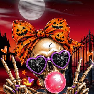 a skeleton with sunglasses and a bow on it's head is blowing a bubble Halloween Baddie maroon