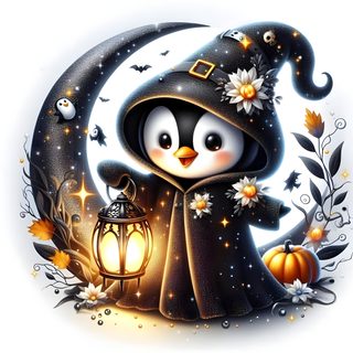 a penguin dressed as a witch holding a lantern Penguin Halloween Halloween Animals, Cute Halloween, Penguins, Cute Stickers, Beautiful Art, Halloween, silver