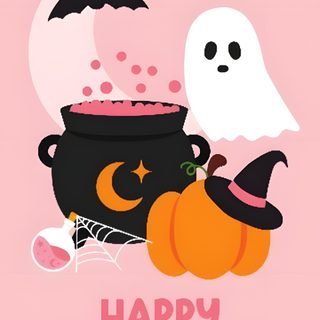 a halloween card with a caulder and pumpkins Happy Halloween Pink Cutesy Halloween, Halloween Wall Paper Design, Cute Halloween Happy Halloween,