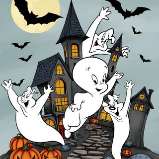 two cartoon ghostes are dancing in front of a house with bats and pumpkins Casper Halloween Halloween Theme Cartoons, Casper Halloween Drawing, Gasper The Ghost, dark gray