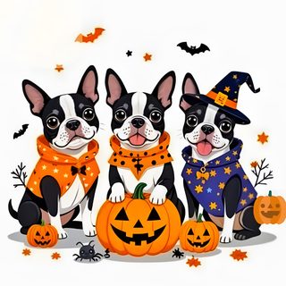 three boston terriers dressed up in halloween costumes with jack - o'- lanterns Halloween Boston Terrier Dogs, Boston Terrier Halloween Clipart, French Bulldog Halloween Background, white smoke