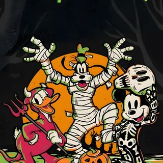 cartoon characters dressed up as skeletons and pumpkins in front of a full moon sky Mickey And Friends Halloween Backgrounds Halloween Cartoon Art, Disney Halloween Characters Illustration, Disney Spooky Night Scene, black