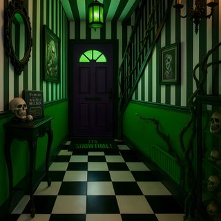 a hallway with black and white checkered flooring, green walls and a purple door Halloween Hallway Beetlejuice House Inside, Spooky Mansion Inside, Beetlejuice Photoshoot Ideas, black