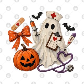 a halloween scene with a ghost, stethoscope, pumpkin and doctor's hat Halloween Nurse snow