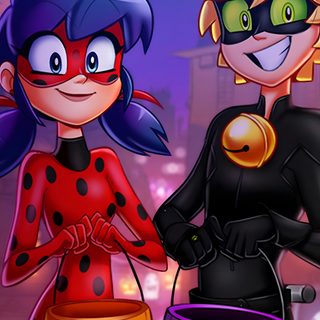 two cartoon characters dressed up as ladybugs and catwoman with pumpkins in their hands Miraculous Ladybug Halloween Ladybug, Ladybug And Cat Noir, Ladybug Art, dark slate gray