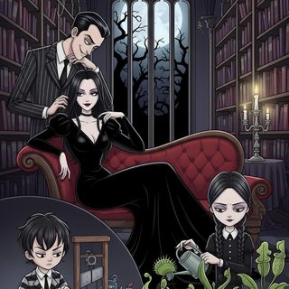 a couple sitting on a couch in front of a book shelf Halloween Addams Family Adams Family Aesthetic, Gothic Family, Addams Family Aesthetic, dark slate gray