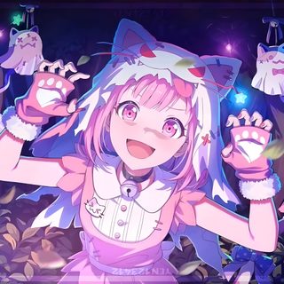 an anime character with pink hair and blue eyes holding up her hands in the air Pjsk Halloween Colorful Stage Cards, Emu Cards 4k, Otori Emu Cards, Emu Otori Halloween Card, dark slate blue