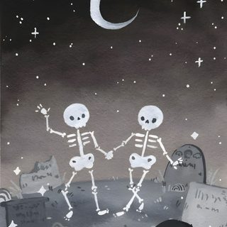 two skeletons dancing in front of tombstones under a full moon with stars and crosses Cute Halloween Skeleton Spooky Aesthetic Painting, Cute Halloween Drawings Skeleton, Cute Graveyard Drawing, dim gray