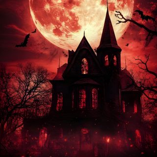 a spooky house with pumpkins in the foreground and a full moon behind it Moon Halloween Halloween Decoration Inspiration, Halloween Spooky Scene, Haunted House With Red Moon, black