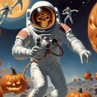 an astronaut floating in the air surrounded by pumpkins Halloween Space dim gray