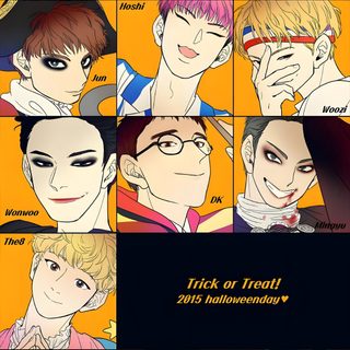 an image of some anime characters with different expressions on their faces and hair color scheme Seventeen Halloween Svt Fanart, Seventeen Halloween, Seventeen Cosplay, Seventeen Fan Art, sandy brown