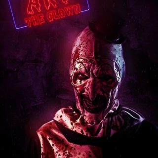 a creepy clown wearing a cape and holding a neon sign above his head that says art the glow Art The Clown Halloween Art The Clown, Art The Clown Poster, Art The Clown Artwork, black